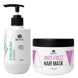 Набор для баланса и увлажнения кожи головы и гладкости длины Besty Hydra Balance Shampoo & Anti-frizz Hair Mask 300 мл + 350 мл SETHBAFM фото