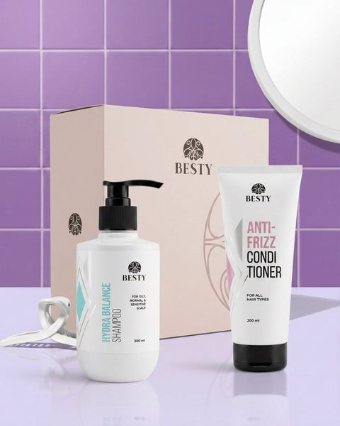 Набор для баланса и увлажнения кожи головы и гладкости длины Besty Hydra Balance Shampoo & Anti-frizz Conditioner 300 мл+200 мл SETHBAF фото
